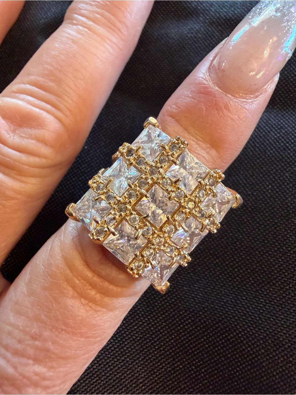 Park Lane Gold Crystal Statement Ring Princess Cut Size 8